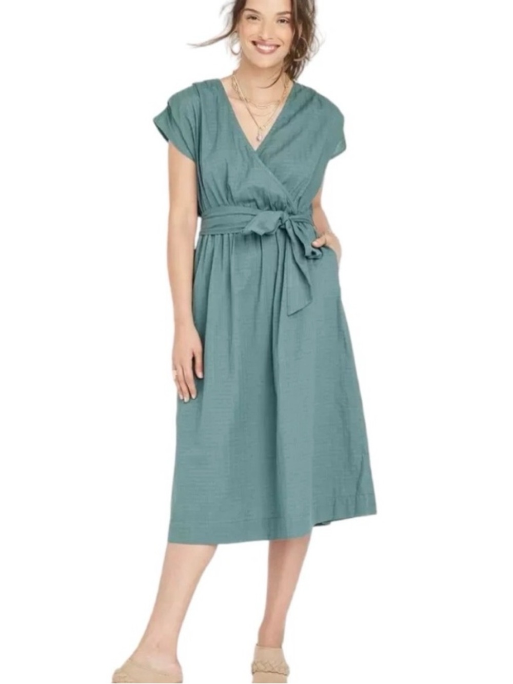 Universal Threads Women’s Blue Faux Wrap Surplice Midi Dress with Tie Waist